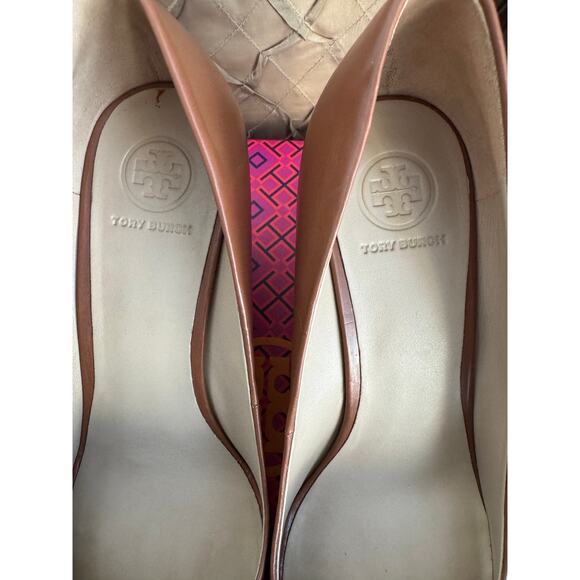 Tory Burch Raleigh Wedge Pumps Brown Leather Nutria Gold Sz. 7.5 - Picture 4 of 7